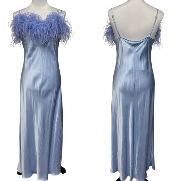 NWT - Sleeper Sky Blue Feathered Boheme Midi Slip Dress - Picture 2 of 6